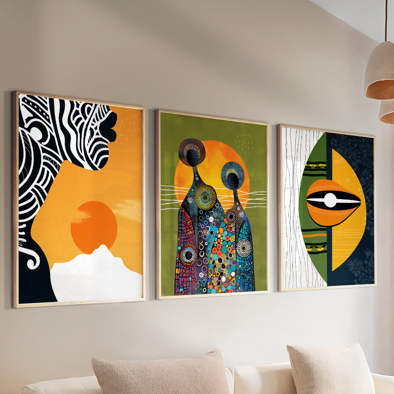 Colorful abstract African art set of 3 prints, featuring black woman portrait and vibrant figures