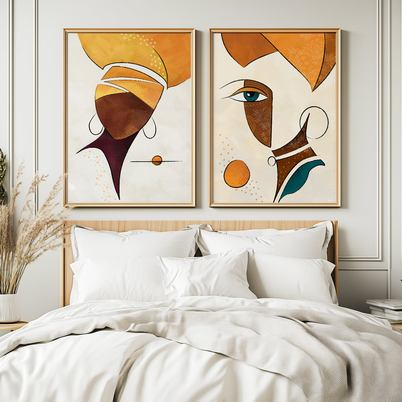 Modern African American art set of 2, abstract black woman face paintings