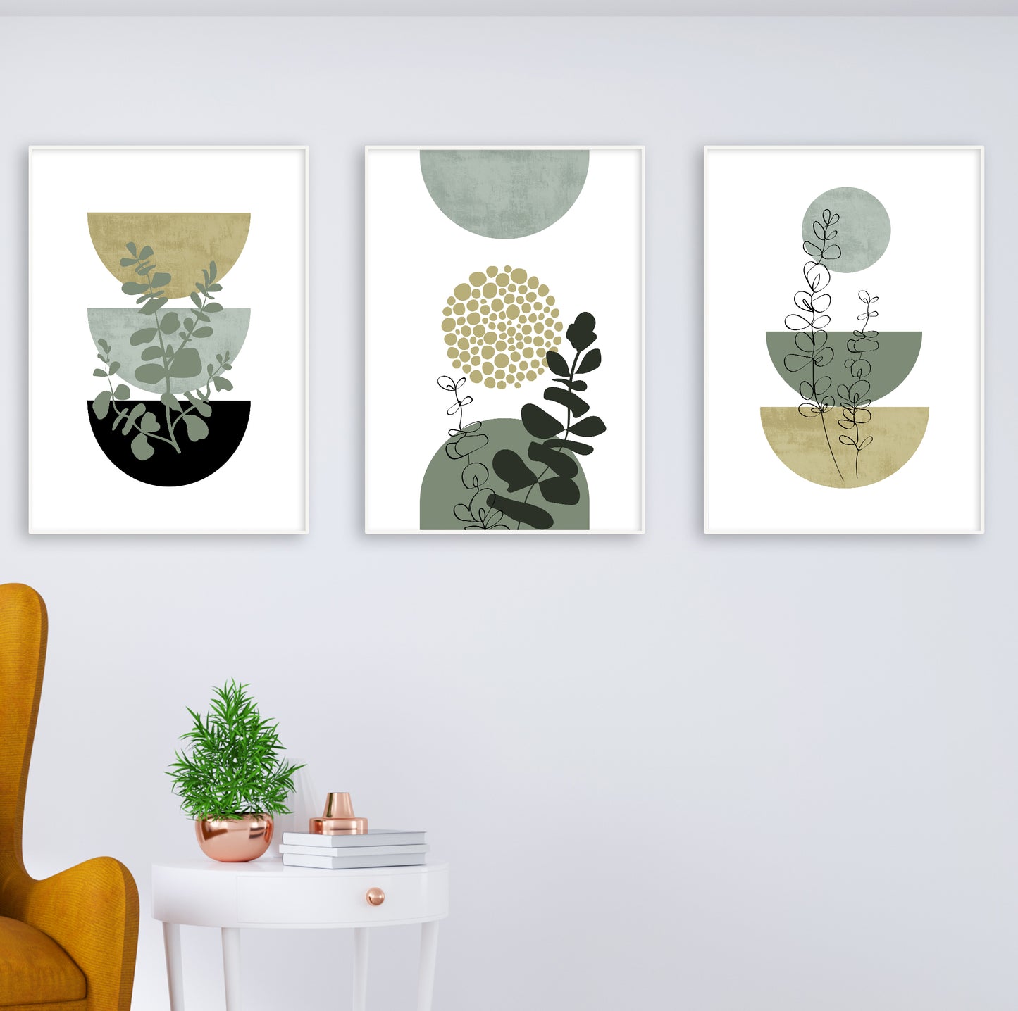 Set of 3 Green Boho Botanical Abstract Wall Art Prints – Modern Minimalist Plant Posters with Olive, Black, and Neutral Geometric Shapes