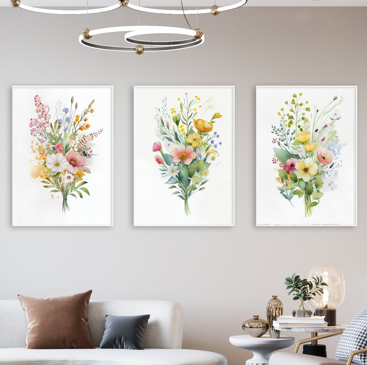 Set of 3 Pastel Flower Bouquet Wall Art Prints – Soft Botanical Watercolor Posters for Feminine, Romantic or Cottagecore Interiors