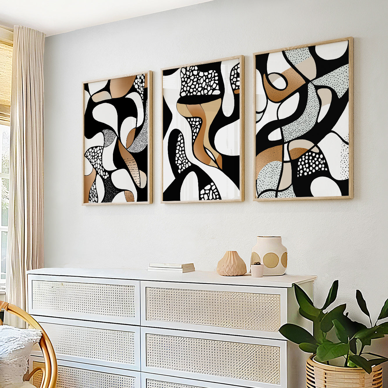 Abstract Wall Art Set of 3 – Geometric Nordic Black White Beige Art (USA)