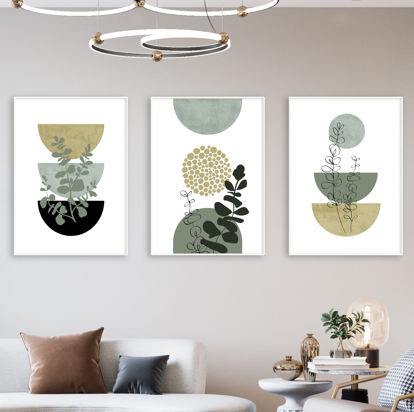 Set of 3 Green Boho Botanical Abstract Wall Art Prints – Modern Minimalist Plant Posters with Olive, Black, and Neutral Geometric Shapes