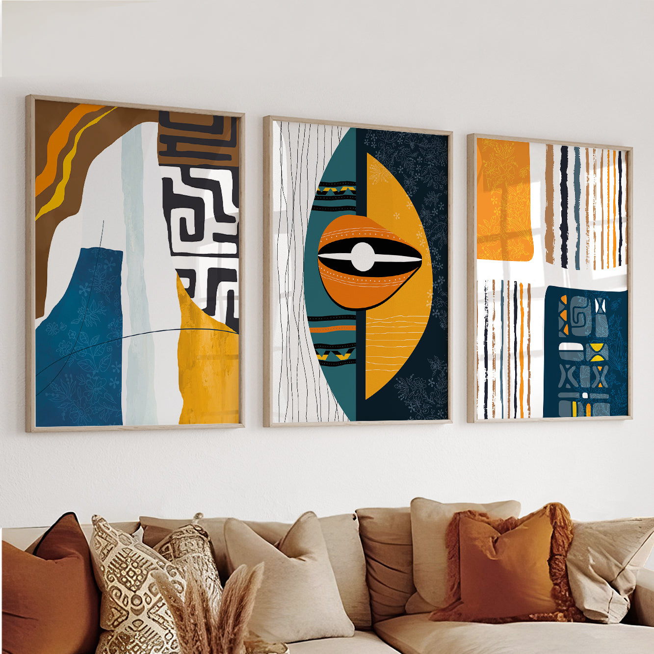 Modern African American home decor – abstract tribal ornament prints, set of 3 minimalist gallery wall art