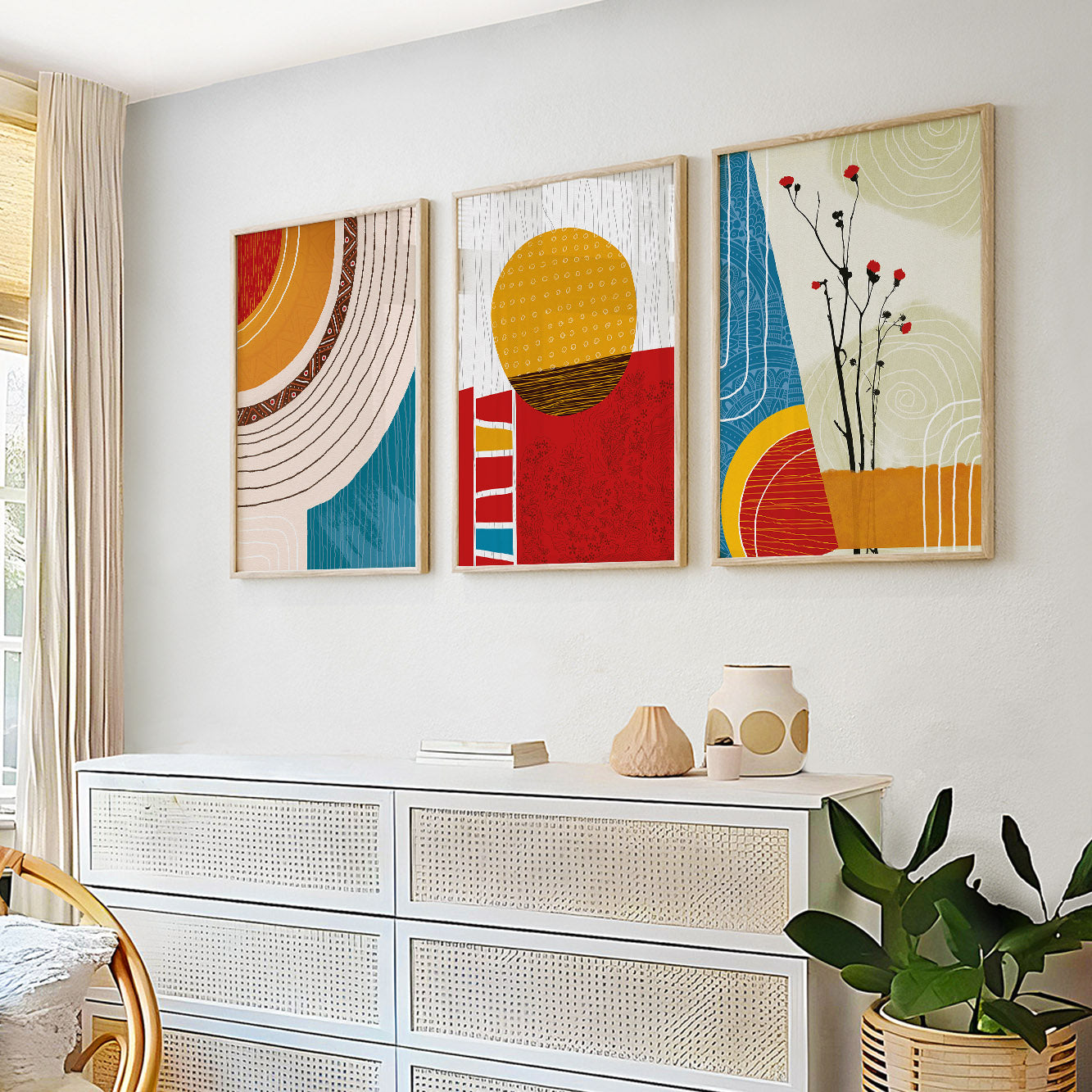 Set of 3 contemporary colorful African prints – modern minimalist aesthetic wall art for home