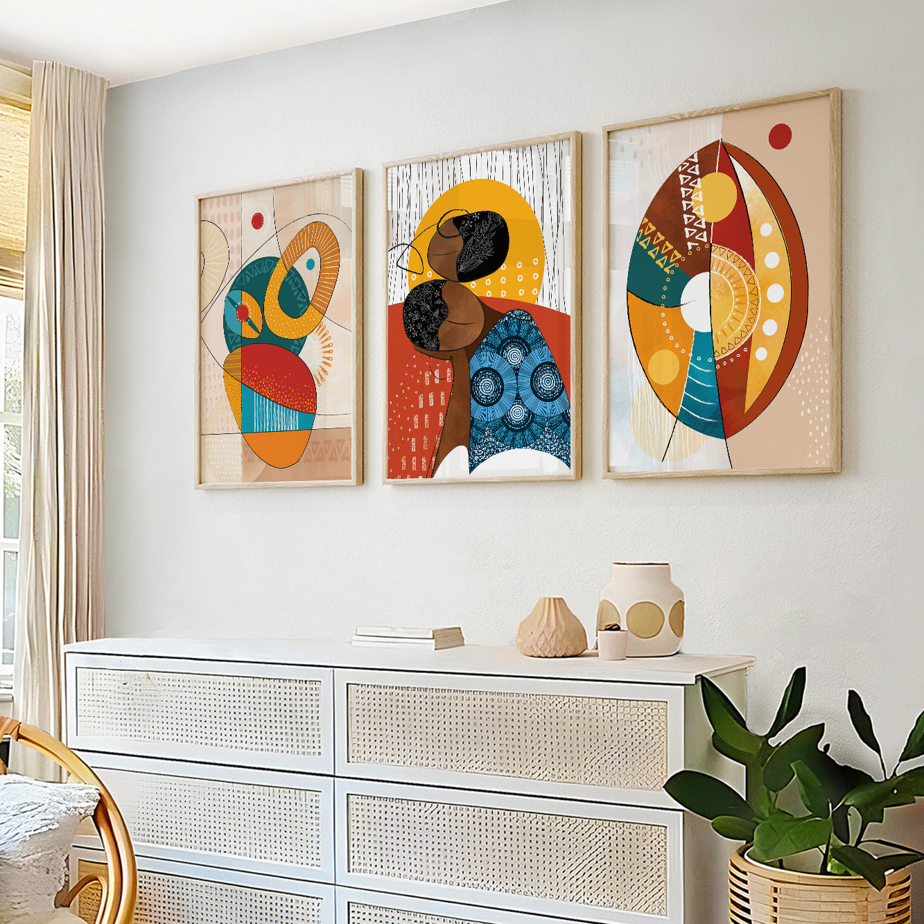 Abstract ethnic African art set of 3 prints, modern African American woman portrait for gallery wall