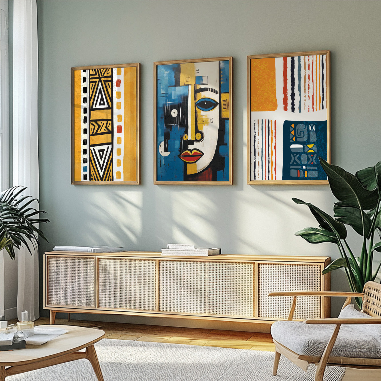 Navy Blue & Yellow African Art Set of 3 – Abstract & Ethnic