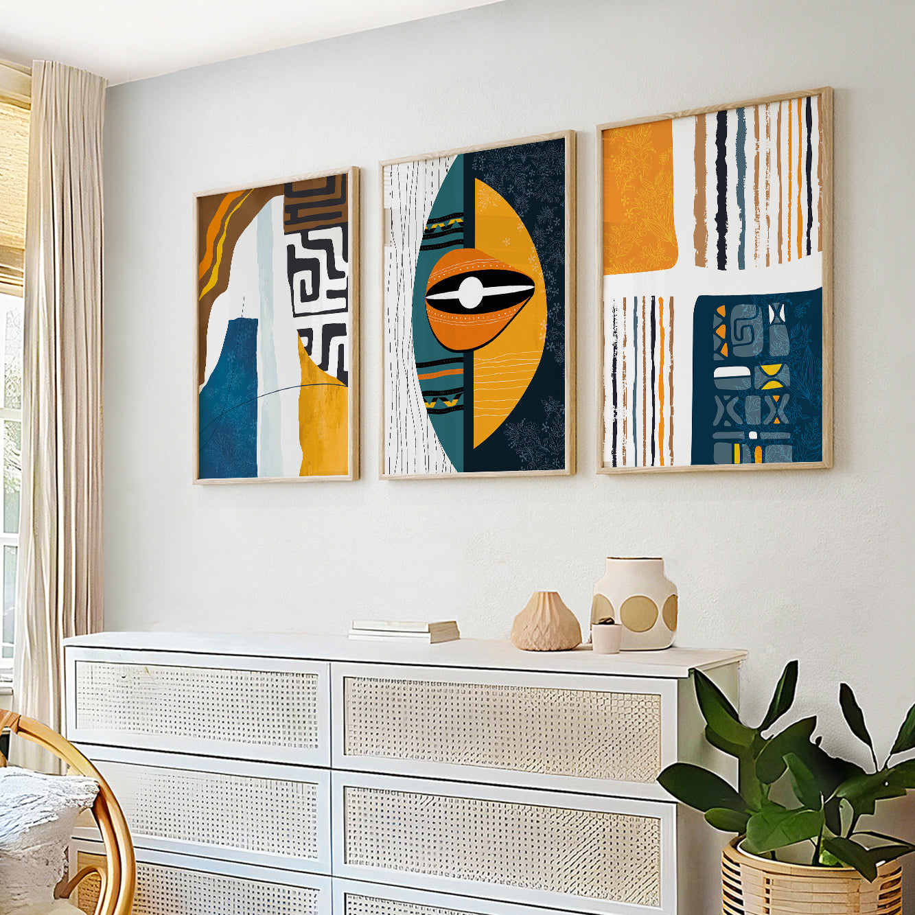 African American art set of 3 – bright colorful abstract prints, modern tribal ornament gallery wall decor