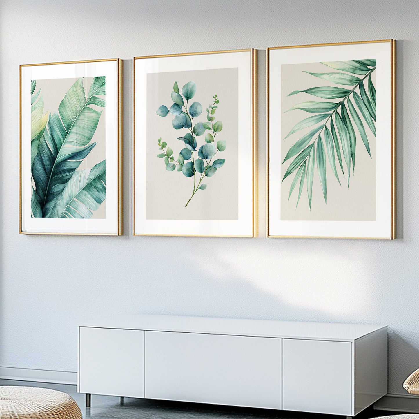 Three piece tropical botanical print set perfect as living room wall art or above bed decor