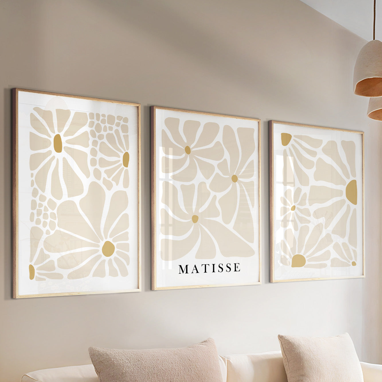 Beige floral Matisse prints – modern abstract boho wall art set for above bed or living room.