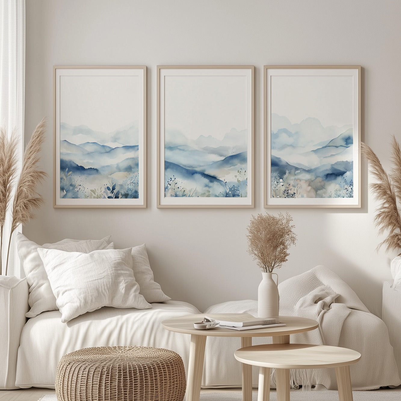 Abstract mountain prints in soft blue tones – set of 3 for Nordic gallery walls.