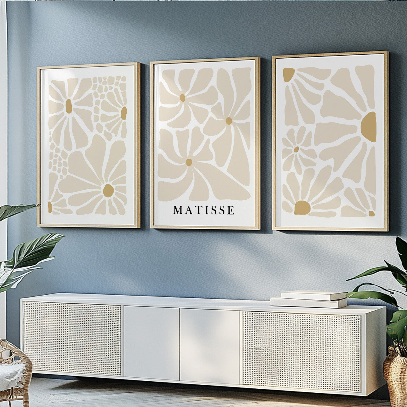 Beige botanical print set of 3 – Matisse-style boho wall decor for calm, modern spaces.