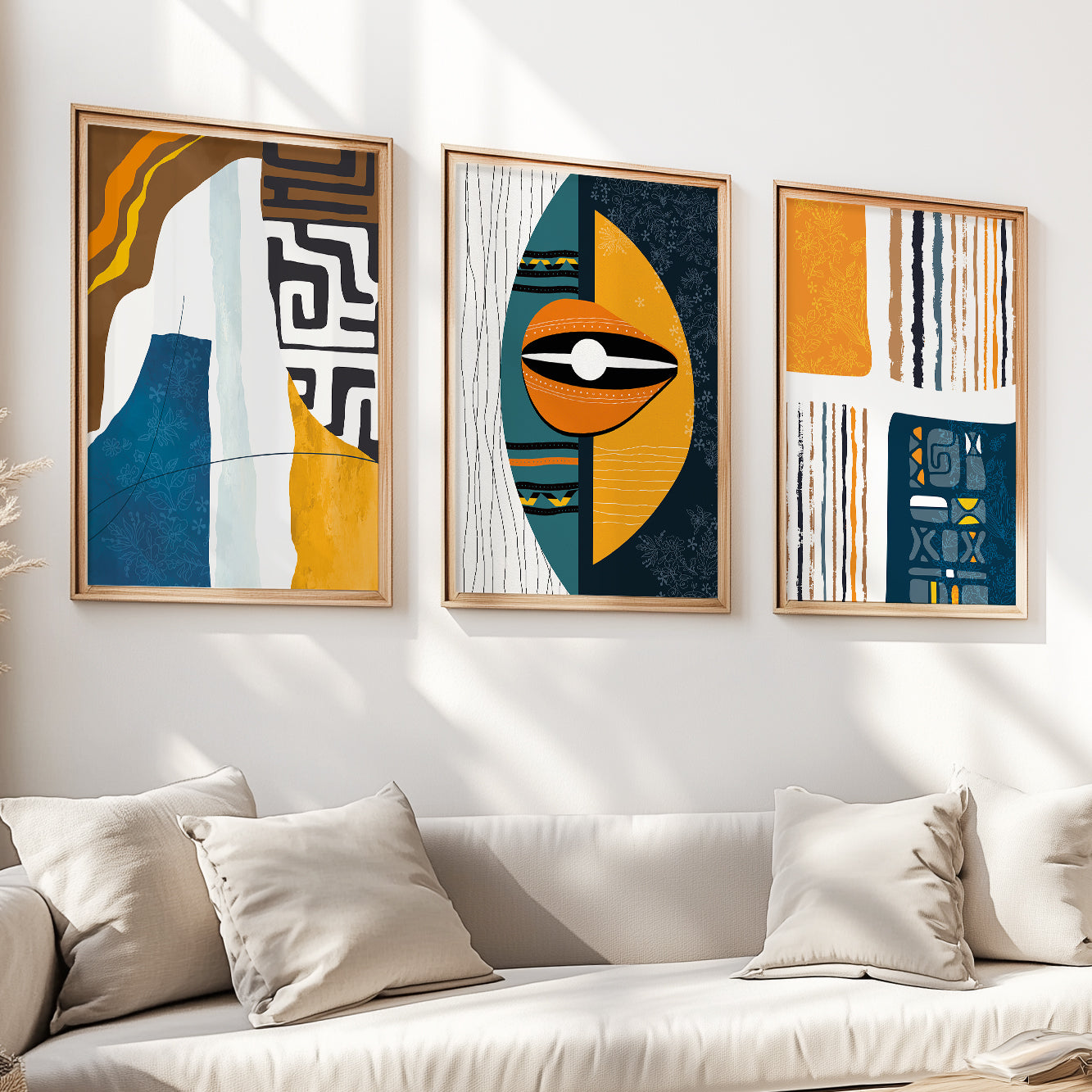 Abstract African wall art set of 3 – vibrant tribal ornament prints, modern minimalist above bed decor