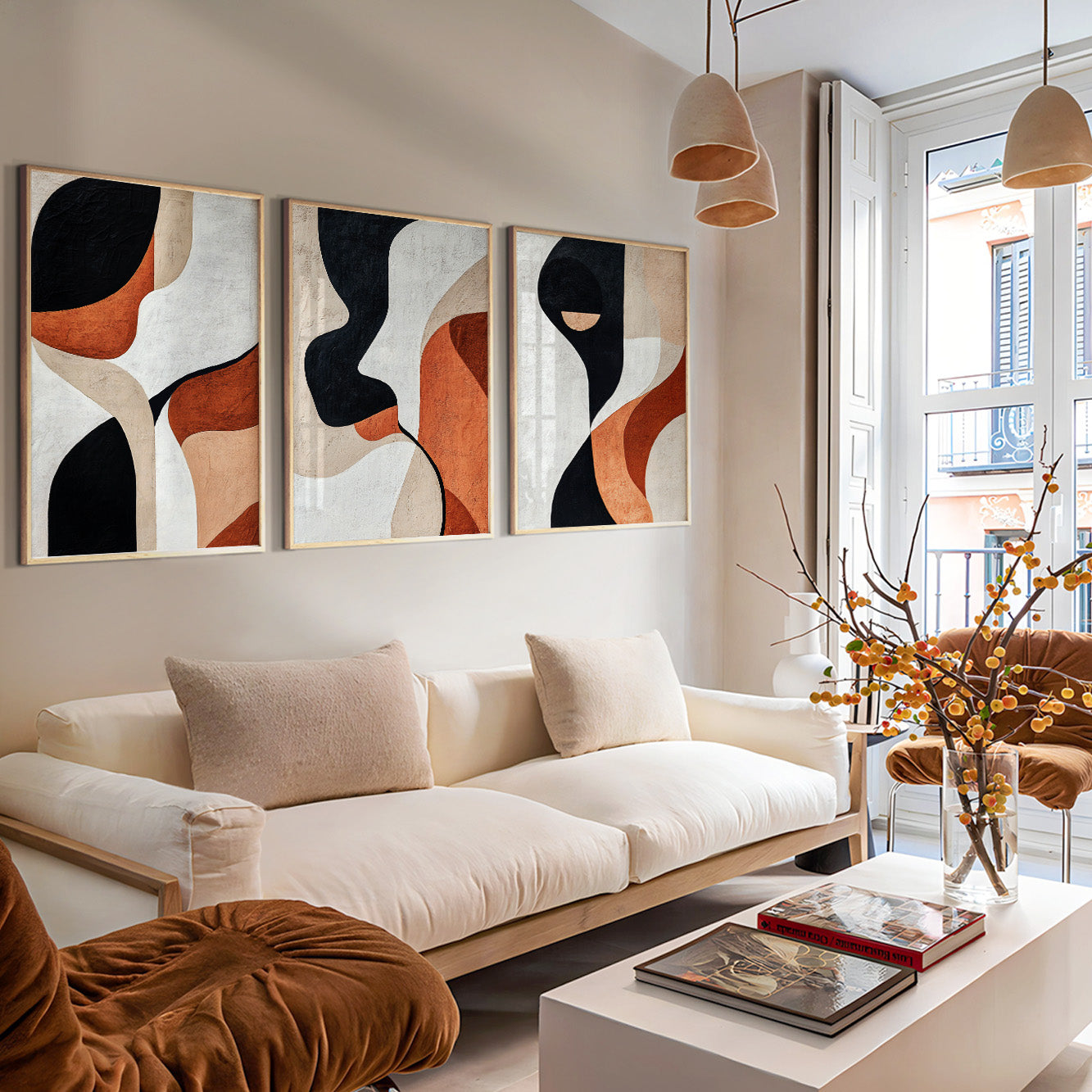 Modern Abstract Set of 3 – Black Terracotta Nordic Geometric Art (USA)