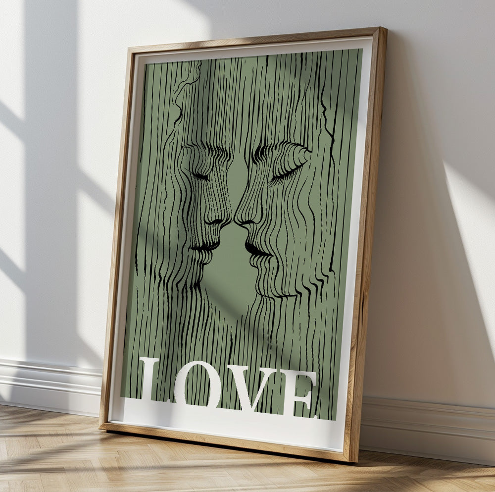 Abstract Sage Green Love Couple Print – Kissing Lovers Portrait for Bedroom or Living Room Wall Art