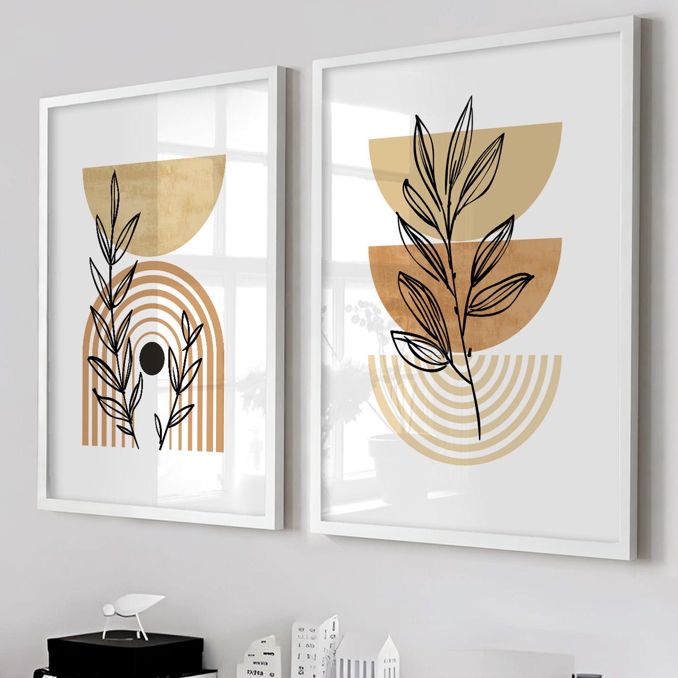 Mid century modern art set – neutral boho botanical prints in terracotta and beige tones.