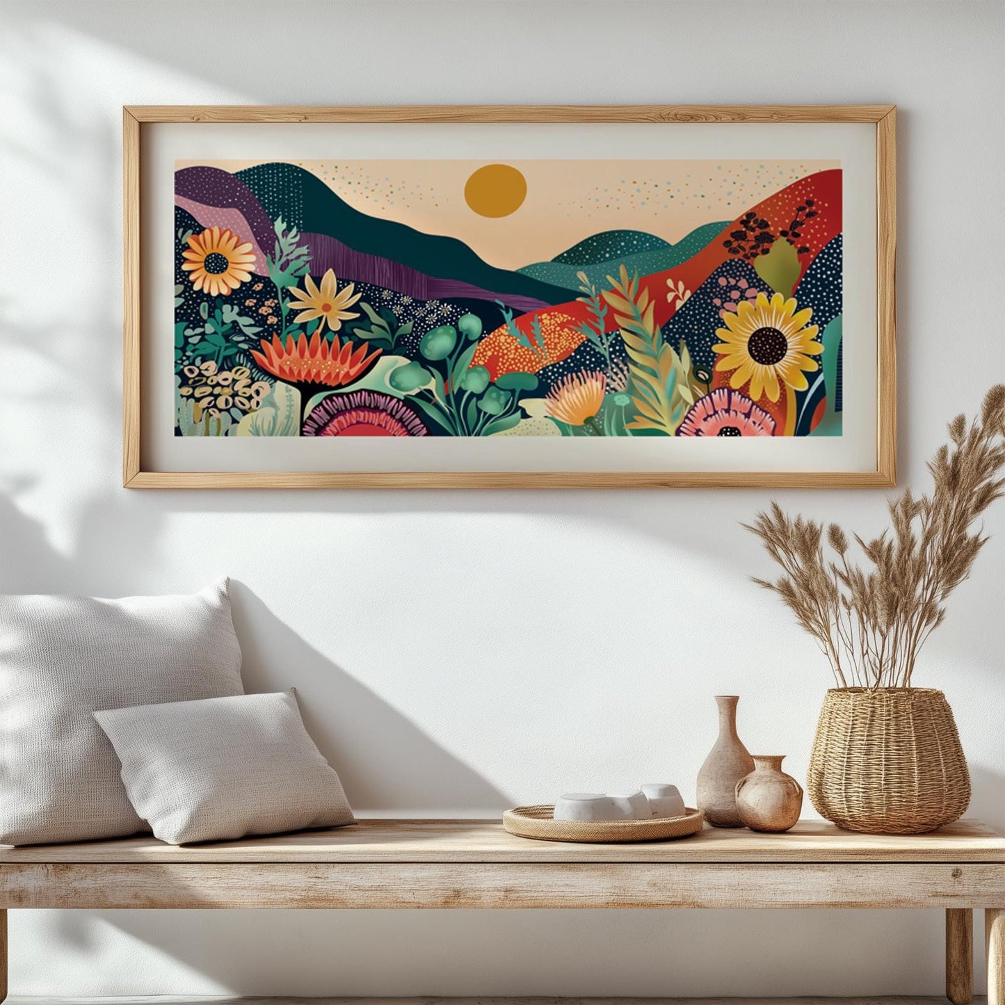Long horizontal wall print of stylized colorful mountains and flowers in a Kusama-inspired abstract design, ideal for Japandi or boho interiors.