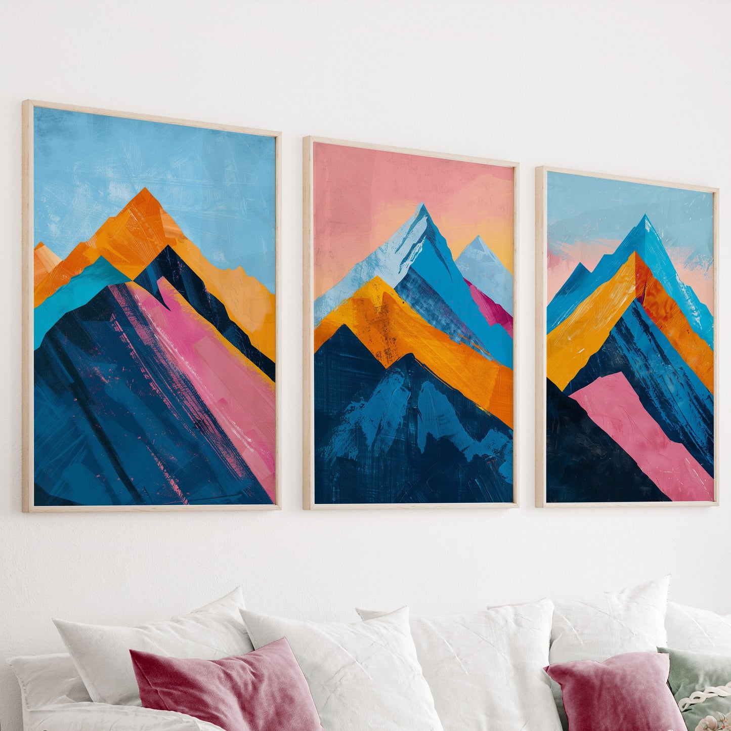 Set of 3 abstract mountain prints in blue and pink tones – minimalist vibrant nature wall art.