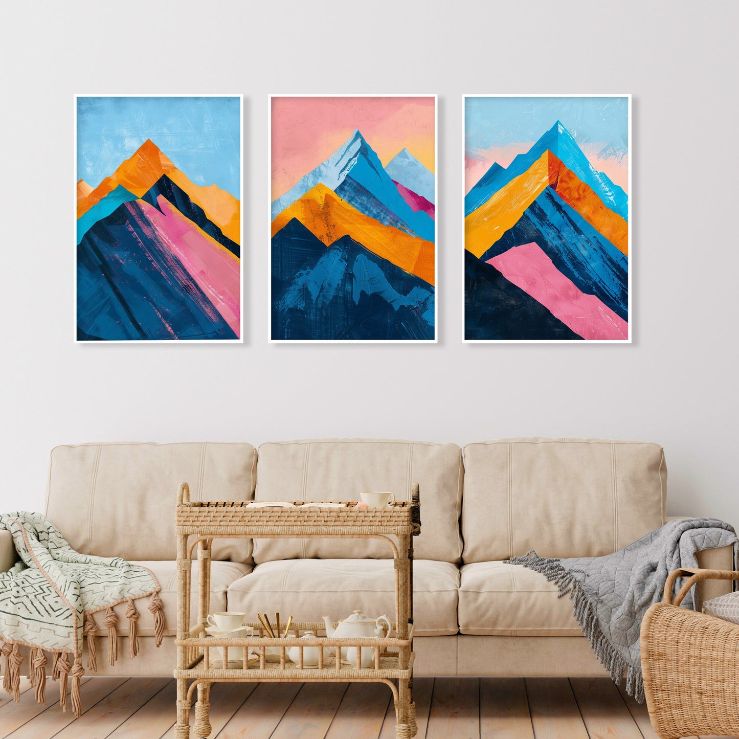 Modern minimalist abstract mountain posters in pastel tones – blue and pink triptych.