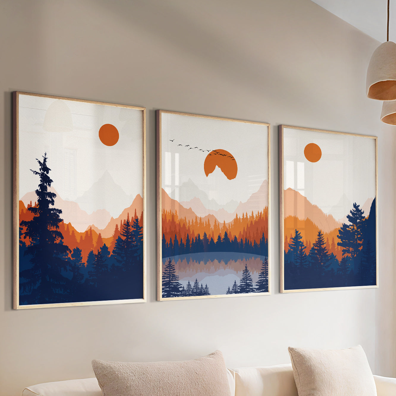 Set of 3 Abstract Mountain Prints – Modern Orange and Deep Blue Minimalist Landscape Poster