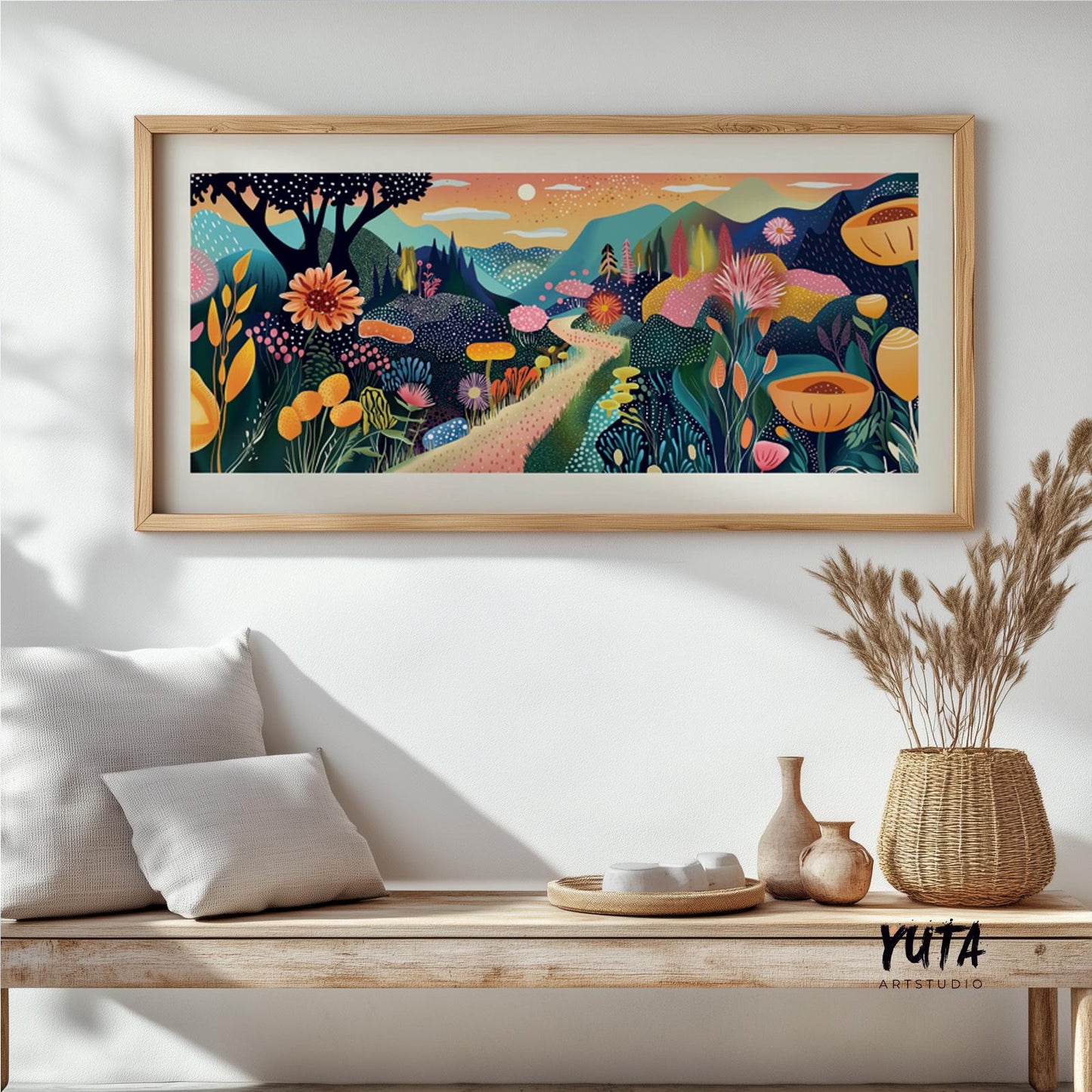 Modern abstract mountain artwork in a wide panoramic format with bright natural colors, perfect for statement wall decor in minimalist homes.