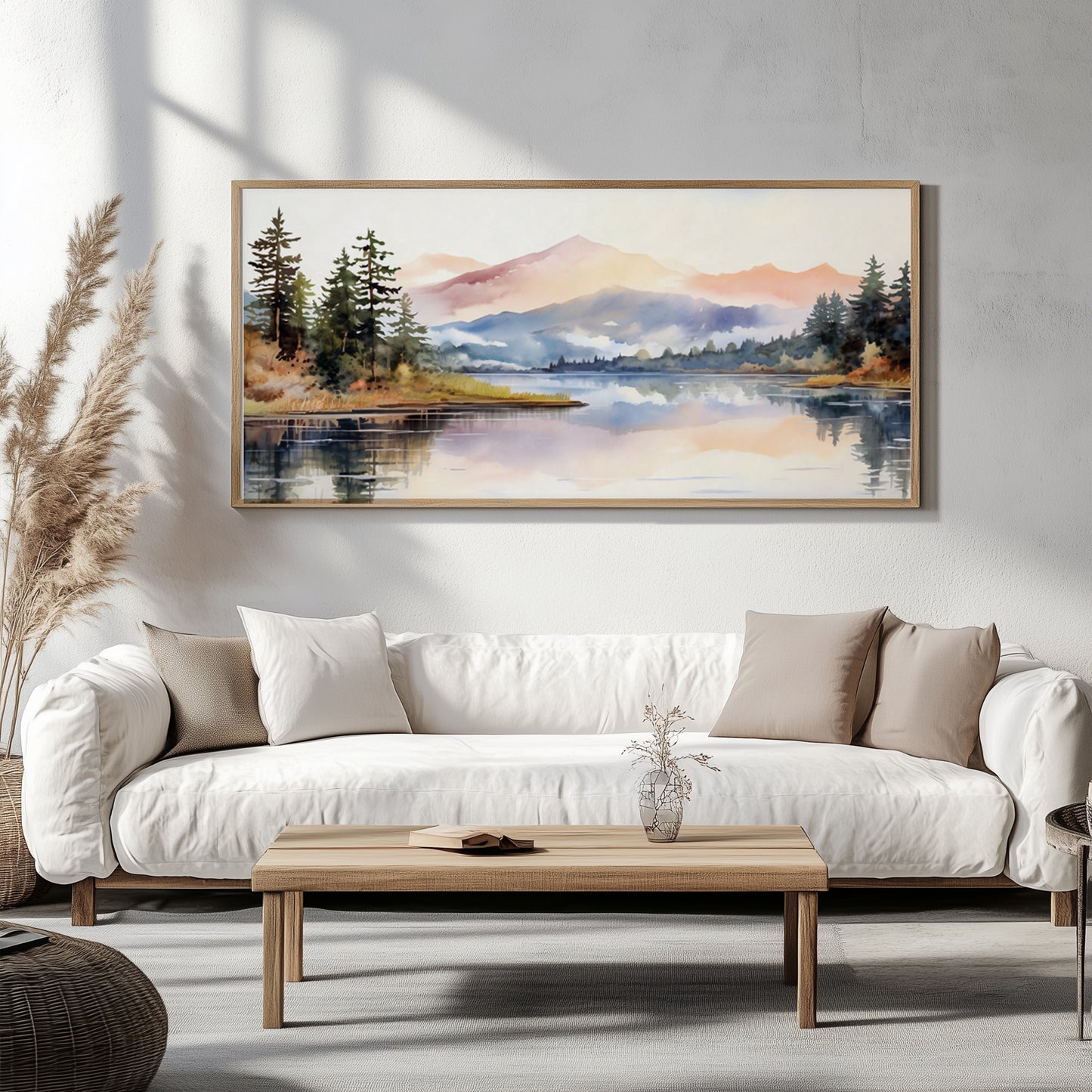 Peaceful panoramic wall art of misty pastel mountains and a still forest lake in watercolor style, perfect for modern and minimalist room aesthetics.