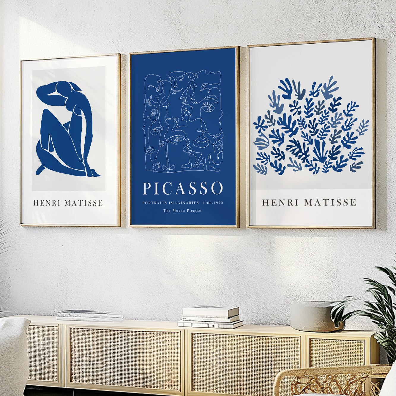Abstract navy blue art print set reflecting Matisse’s style, great for minimalist home decor.