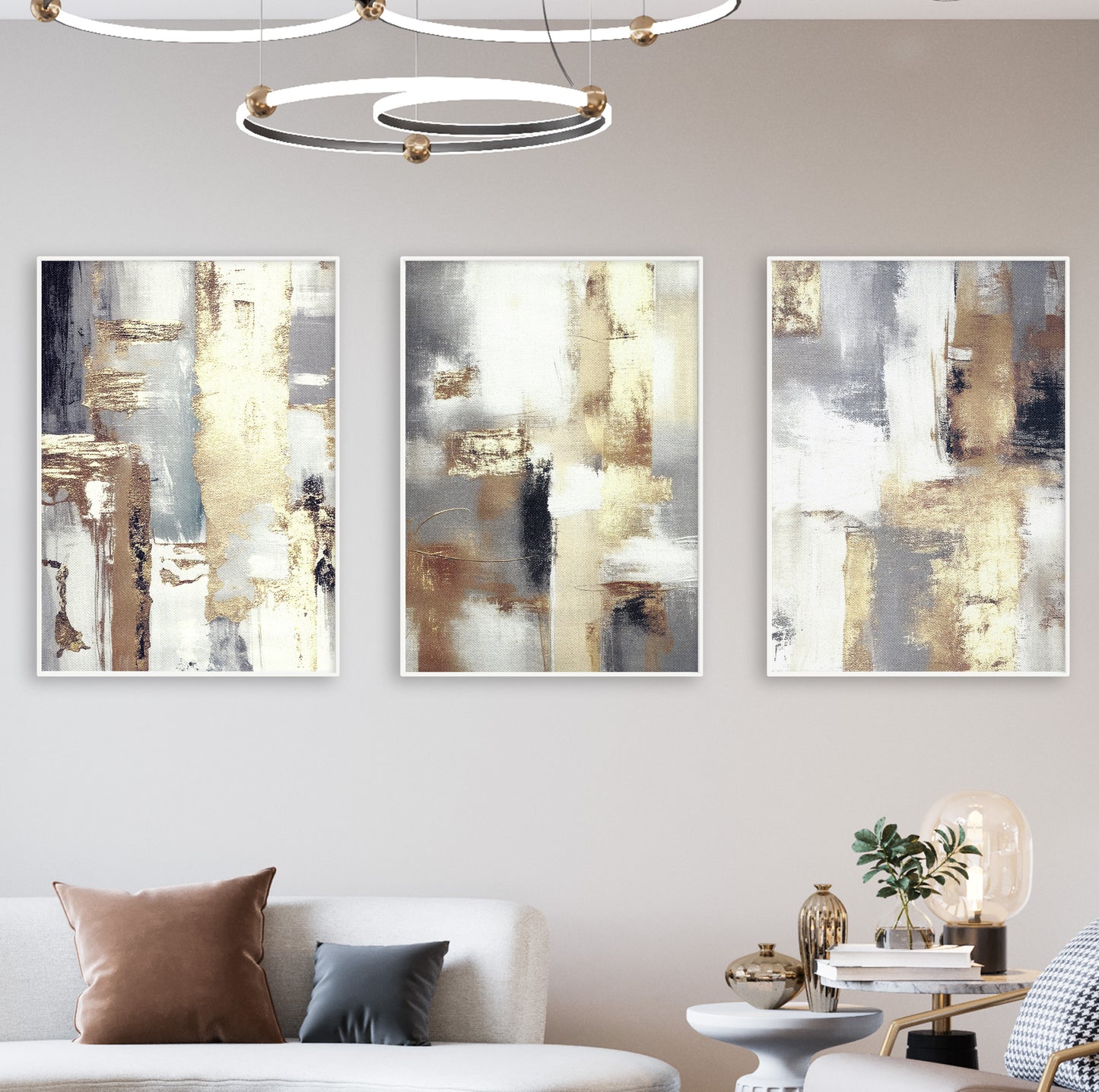 Abstract triptych in gold and beige for contemporary minimalist spaces.
