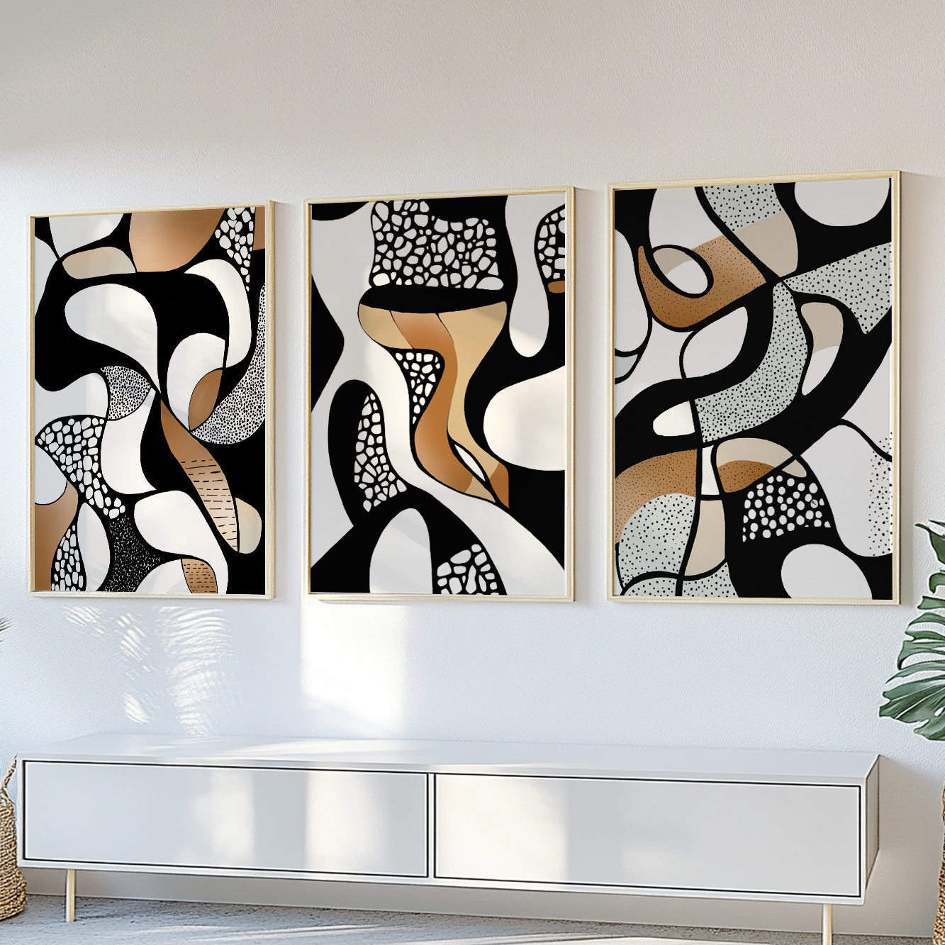 Abstract Wall Art Set of 3 – Geometric Nordic Black White Beige Art (USA)