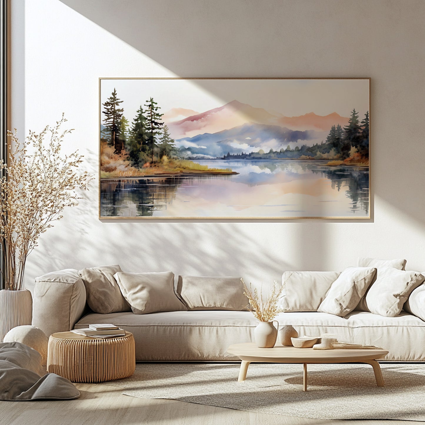 Panoramic watercolor artwork showing pastel mountains and a lake at the center, a beautiful addition to Japandi, wabi-sabi, or minimalist interiors.