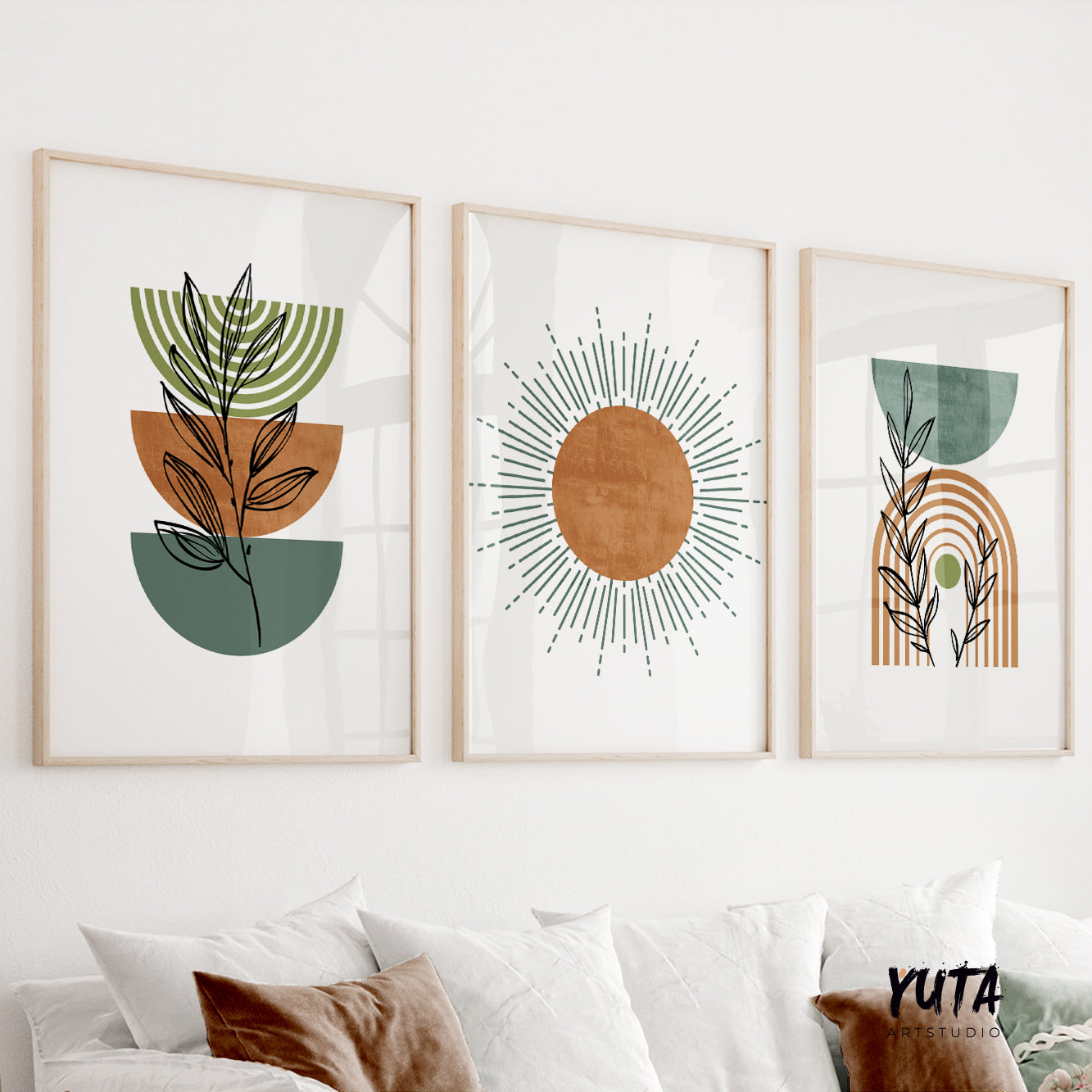 Minimalist boho poster trio featuring retro botanical illustrations in earthy tones