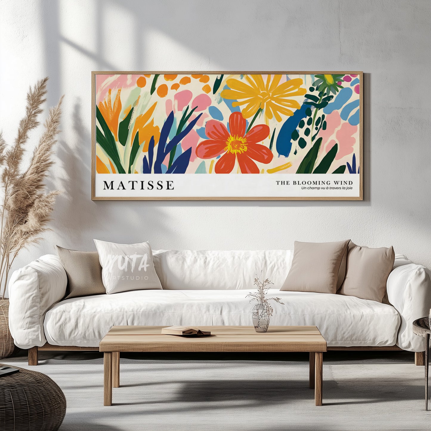 Modern wall art featuring orange, yellow and blue flowers