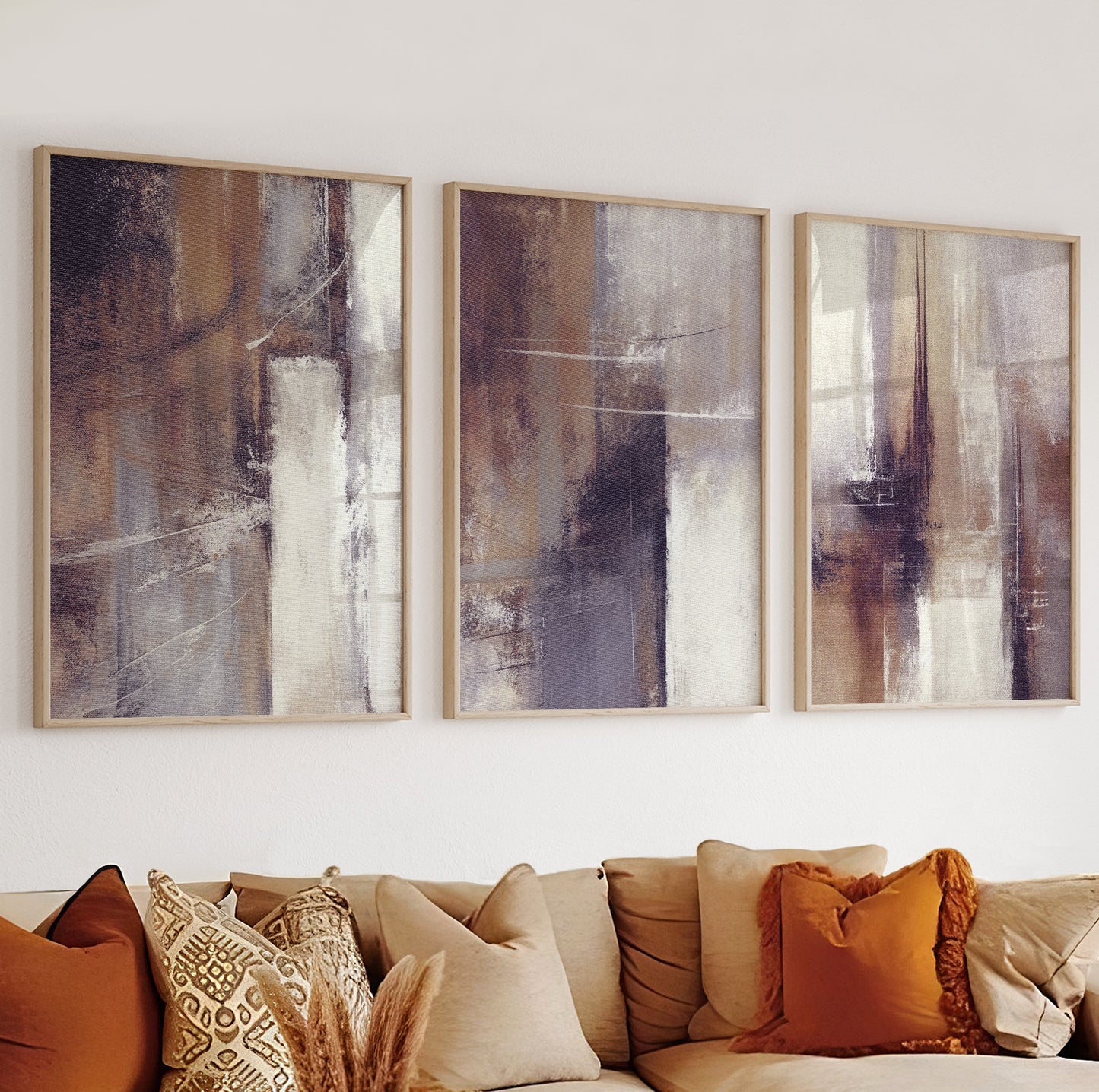 Modern abstract artwork in a soft blend of neutral colors including brown, taupe, and ivory.