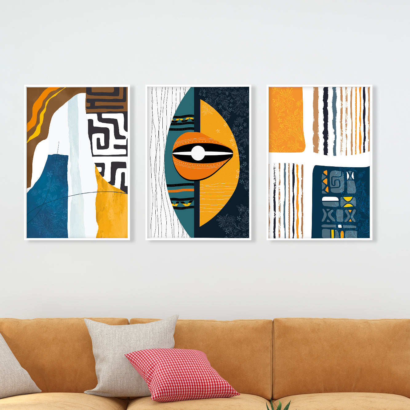 Minimalist African wall art set – 3 abstract colorful prints, modern tribal ornament home decor for bedroom or office