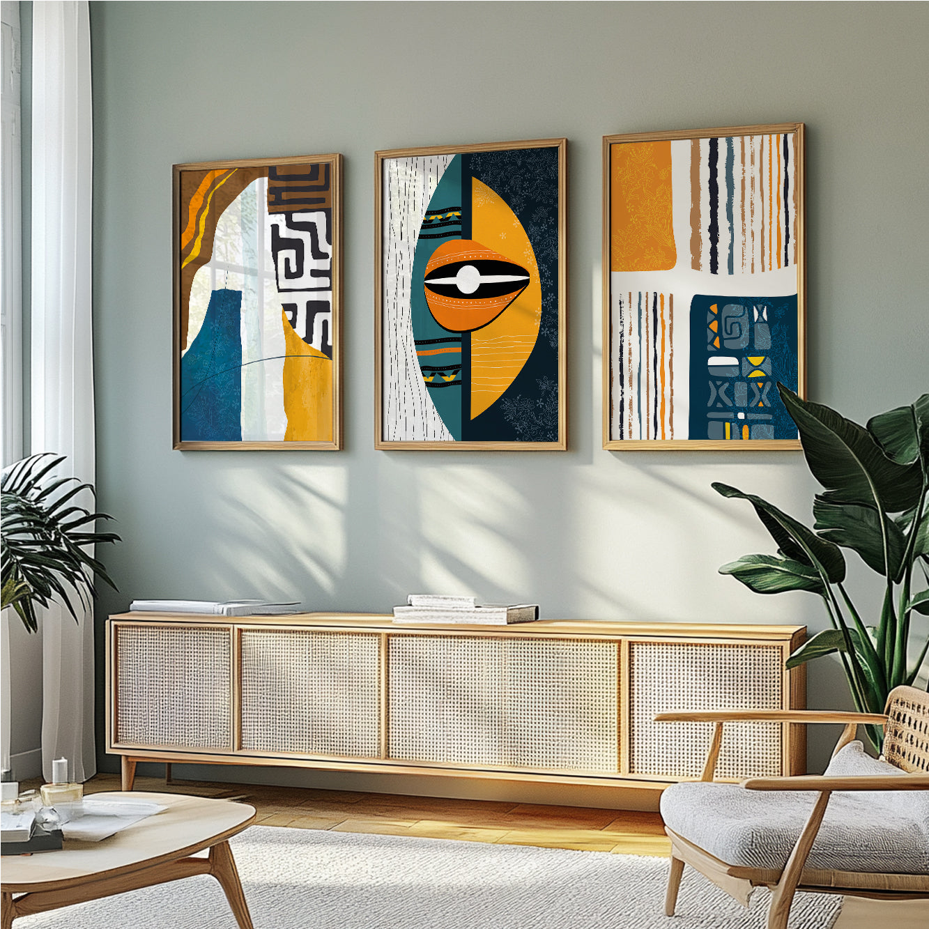 Bright tribal ornament African American art set – 3-piece abstract colorful gallery wall decor for bedroom or living room