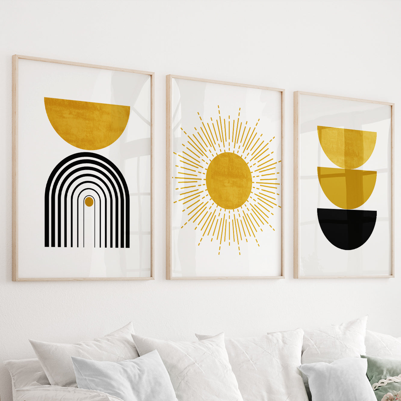 Vibrant Boho Wall Art Set of 3 – Black and Mustard Yellow Abstract Prints