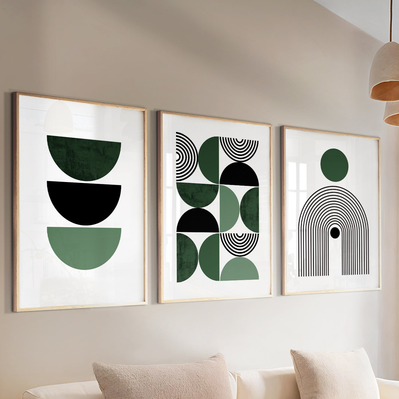 Set of 3 Green Boho Art Prints – Mid-Century Modern Decor for Living Room