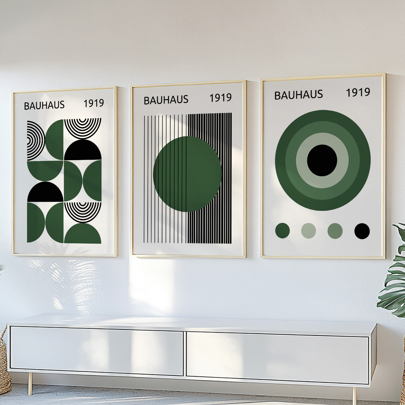 Mid-century modern Bauhaus print set in dark green and black, perfect for trendy wall decor.