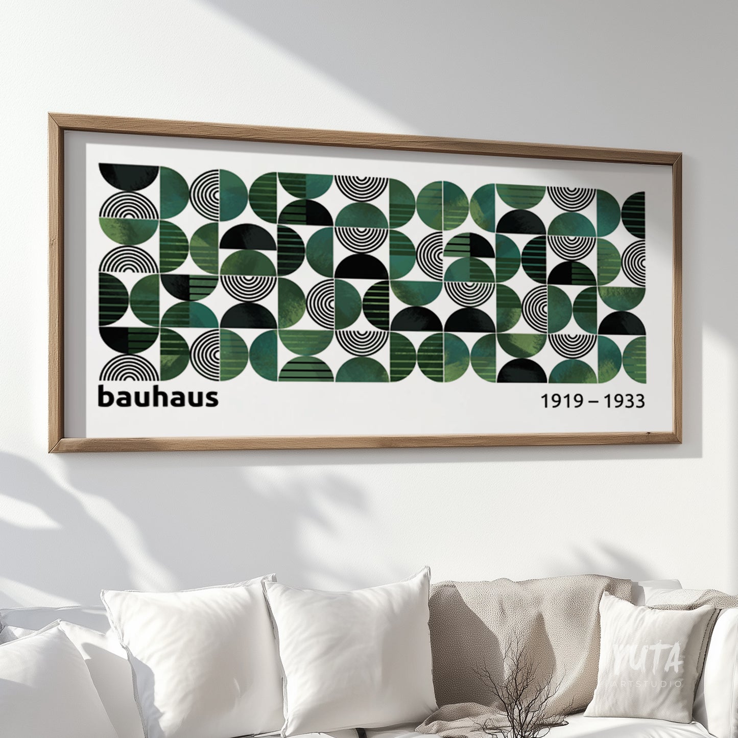 Modern abstract emerald and black art print in horizontal format, designed for living room or hallway