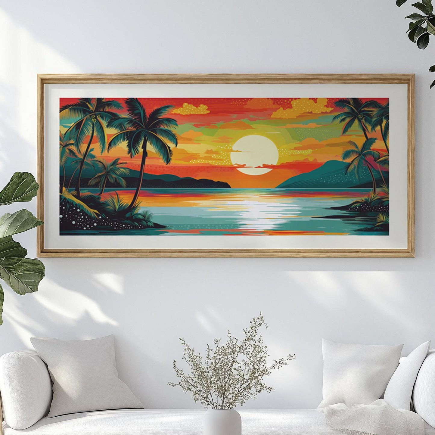 Colorful coastal landscape with warm sunset hues, tropical ocean view, and mountain backdrop, printed as a long narrow panoramic wall piece.