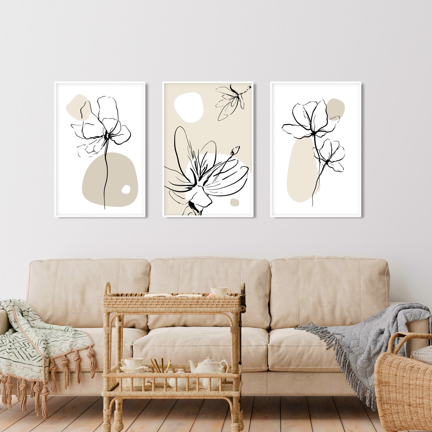 Beige bohemian floral triptych, mid-century modern botanical wall art for above bed.