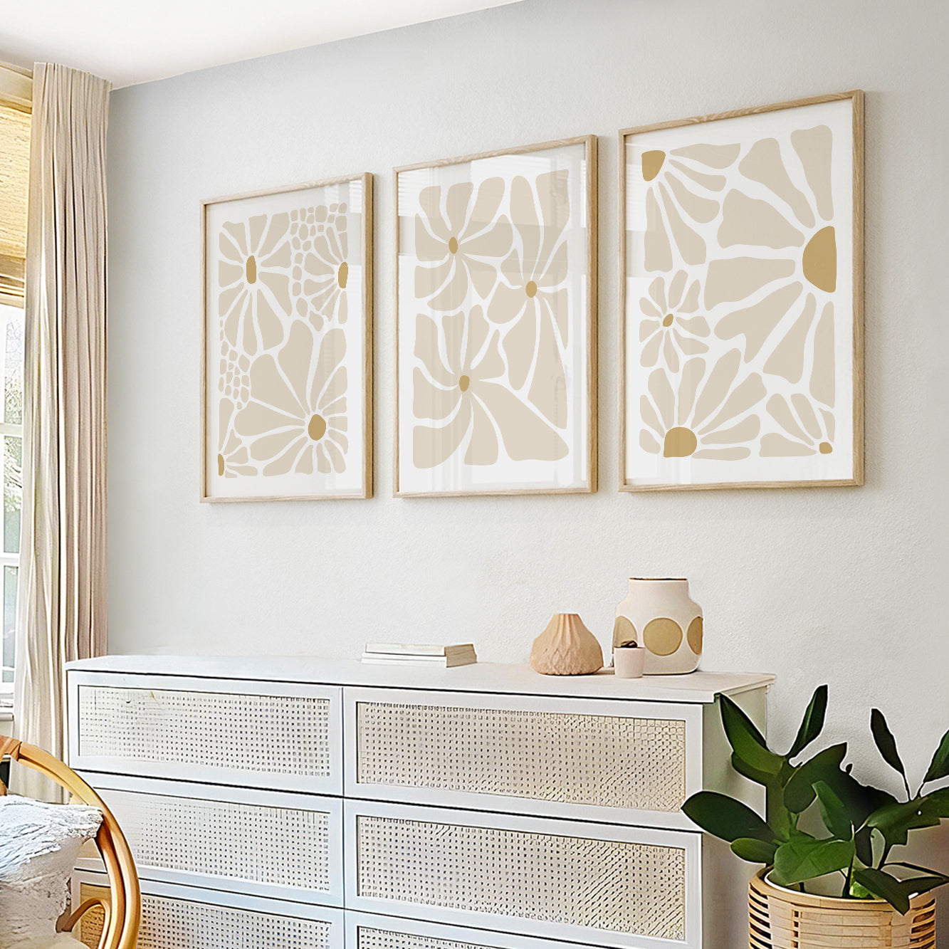 Beige floral art prints – boho abstract posters in Matisse style for bedroom or office.