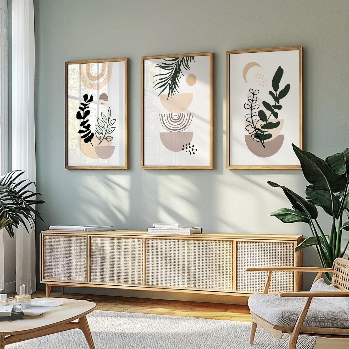 Boho wall art set of 3 – pastel beige and black minimalist digital prints for bedroom or living room.