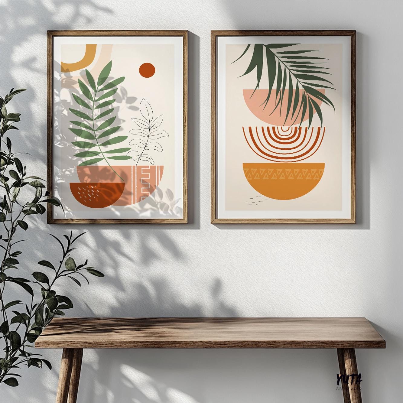 Abstract boho wall prints – beige botanical posters for warm, earthy above bed decor.