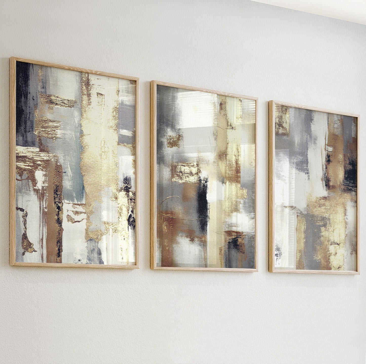 Beige and gold abstract wall art set of three, ideal for bedroom gallery wall.
