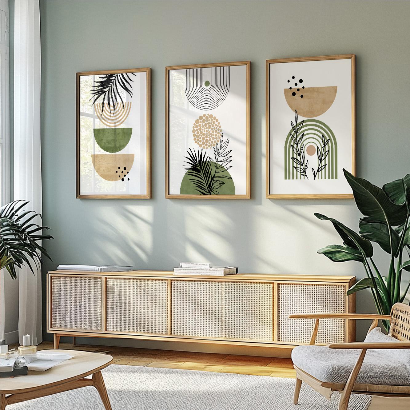 Boho gallery wall set – pastel beige and green natural art for minimalist interiors.