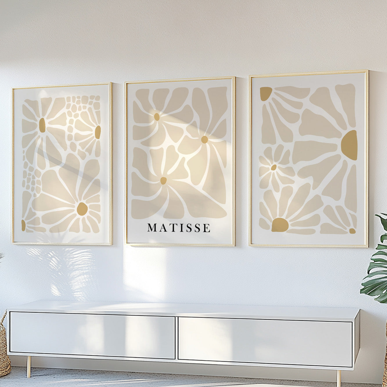 Set of 3 beige Matisse-style floral prints – modern boho wall art for neutral above-bed or gallery decor.