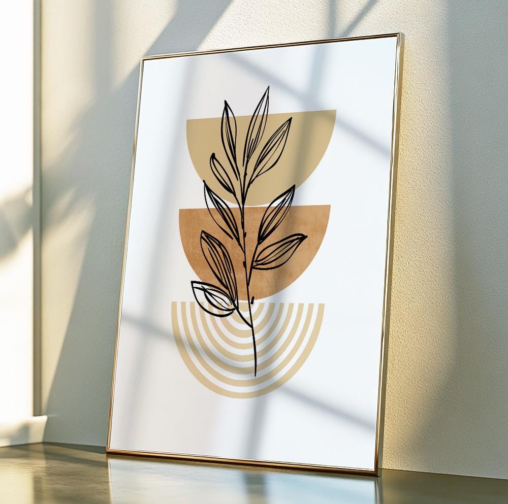 Beige and terracotta boho wall print with soft botanical elements for calm interiors.