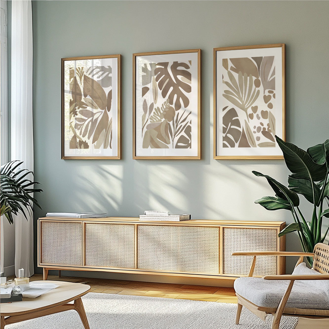 Pastel botanical wall art – beige tropical plant prints, set of 3 for modern gallery wall