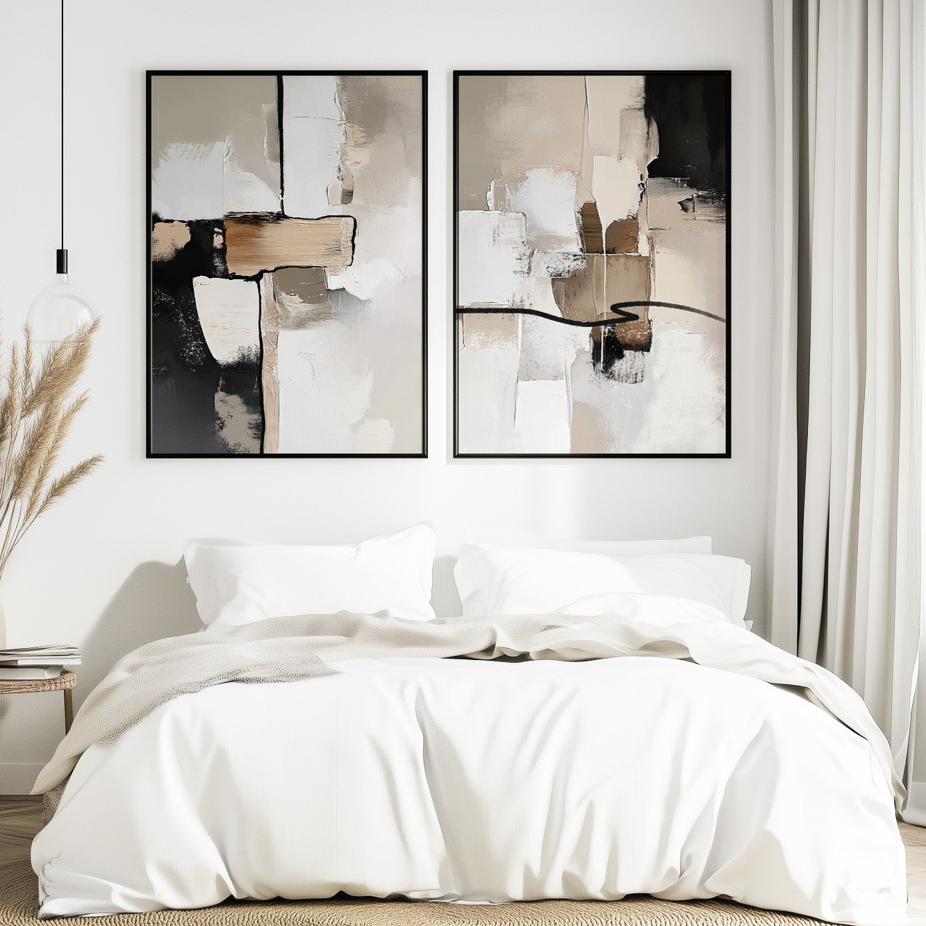 Neutral Abstract Brush Stroke Set of 2 – Black Beige Minimalist Art