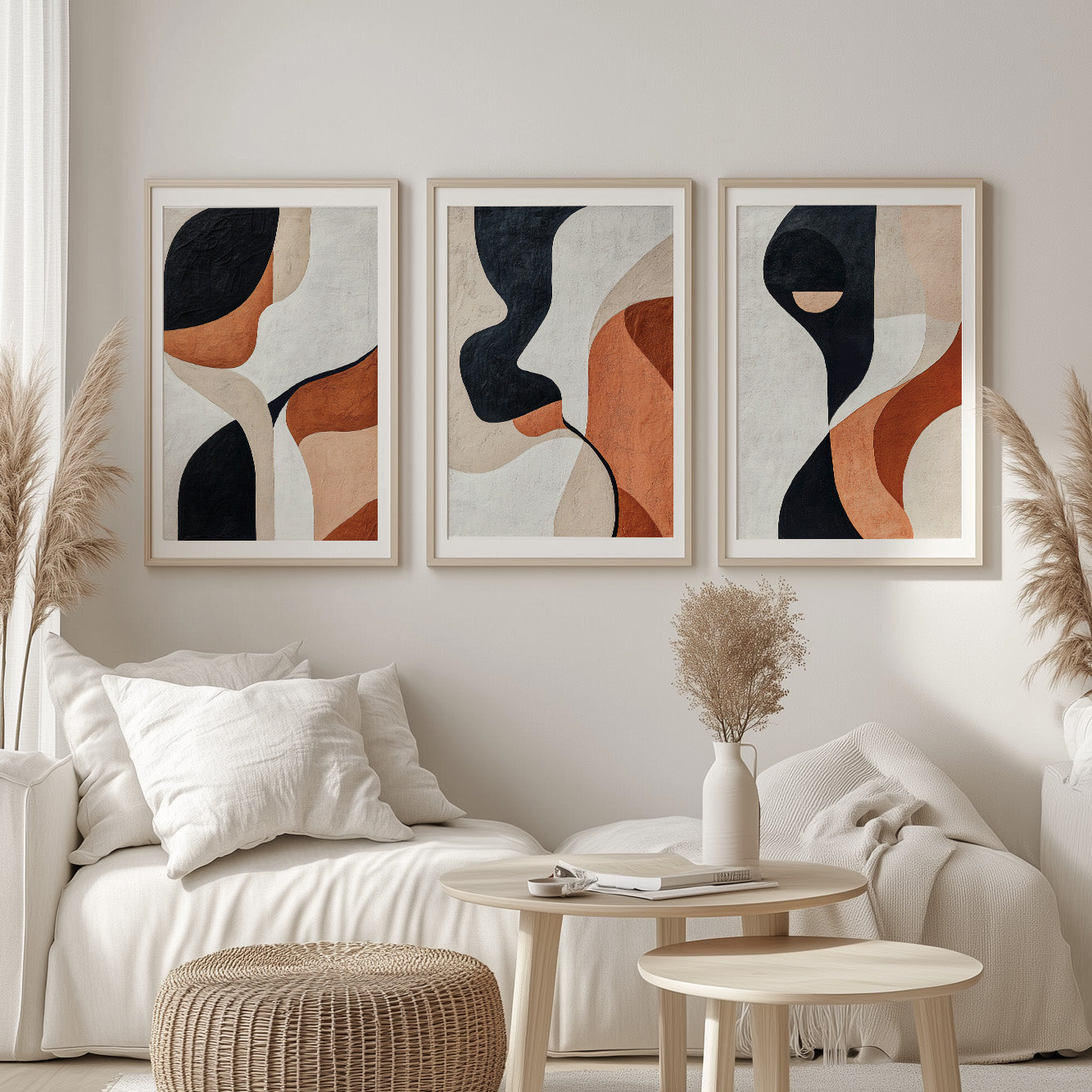 Modern Abstract Set of 3 – Black Terracotta Nordic Geometric Art (USA)